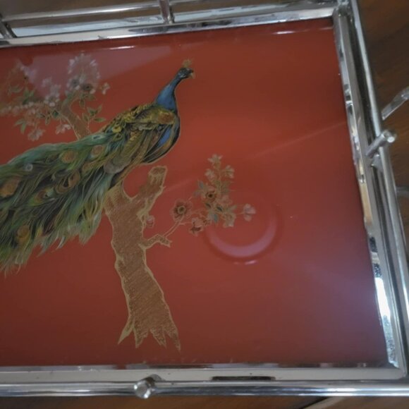 Vintage Peacock Reversed Painted Tray~ Beautiful~ West Germany (US Zone 1950's) - Picture 8 of 8